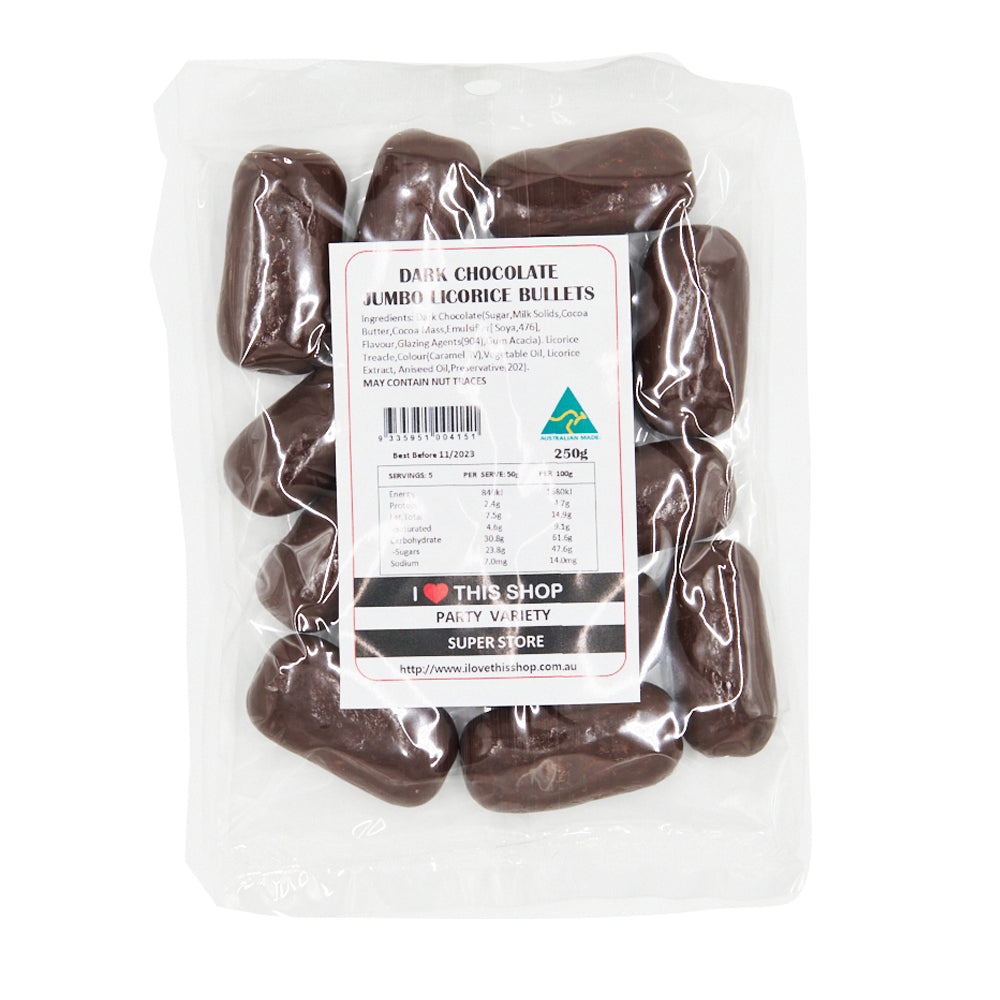 Dark Chocolate Jumbo Licorice Bullets 250g