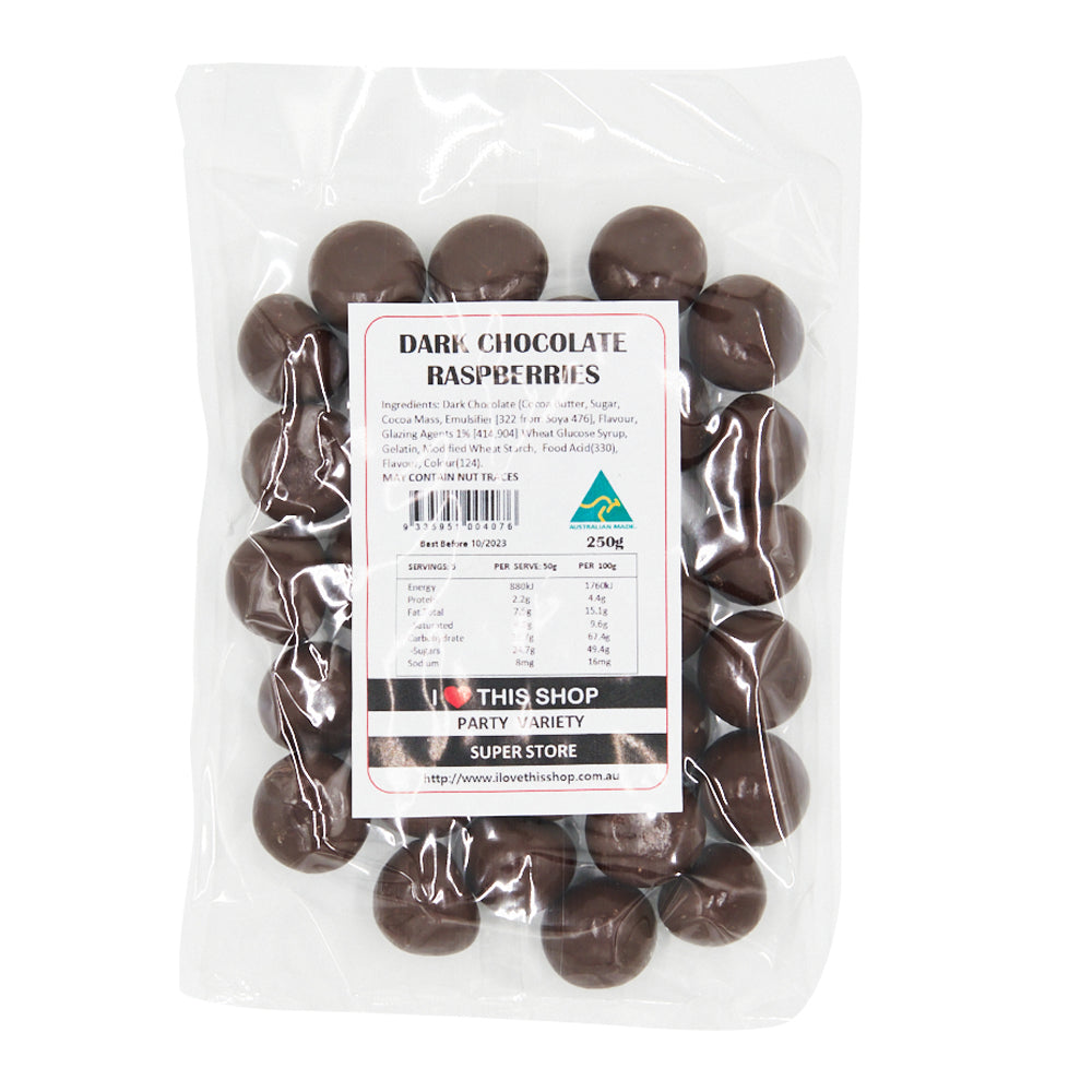 Dark Chocolate Raspberries 250g