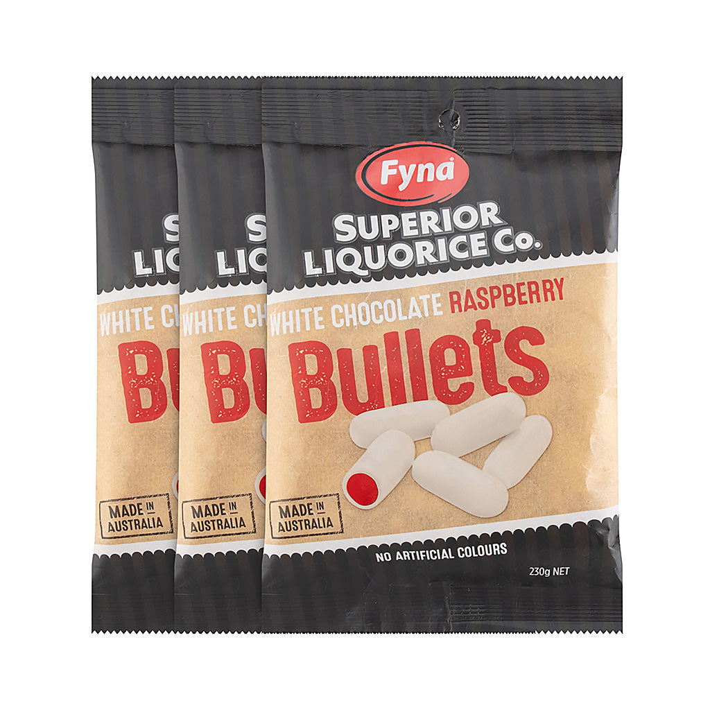 Fyna Superior Licorice - White Chocolate Raspberry Bullets 230g x 3