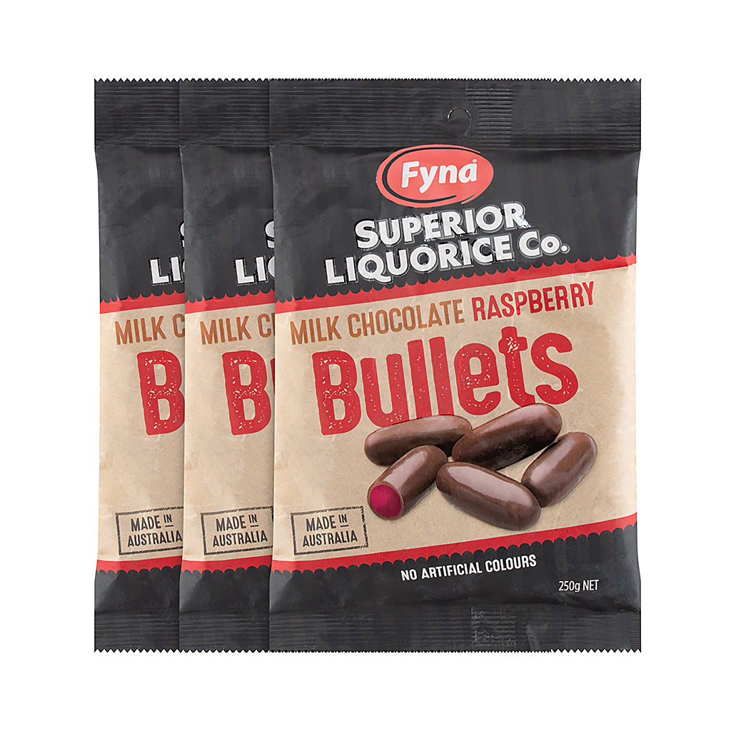 Fyna Superior Licorice - Milk Chocolate Raspberry Bullets 250g x 3