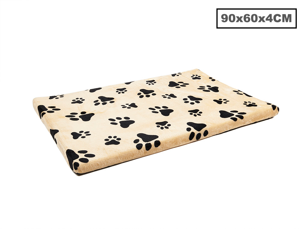 Polar Fleece Pawprints  Flat Bed Beige  Medium 90x60x4cm