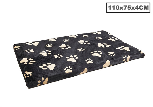 Polar Fleece Pawprints Flat Bed Black  Large 110x75x4cm