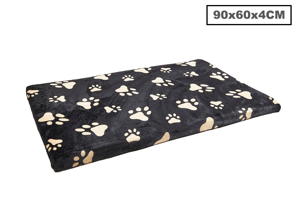 Polar Fleece Pawprints Flat Bed Black  Medium 90x60x4cm